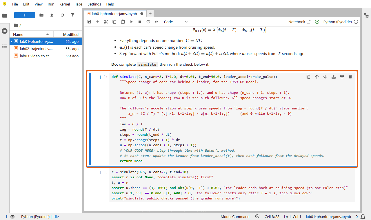 A code cell outlined in orange: the simulate function with its docstring, a few prepared lines, and a comment YOUR CODE HERE before return None